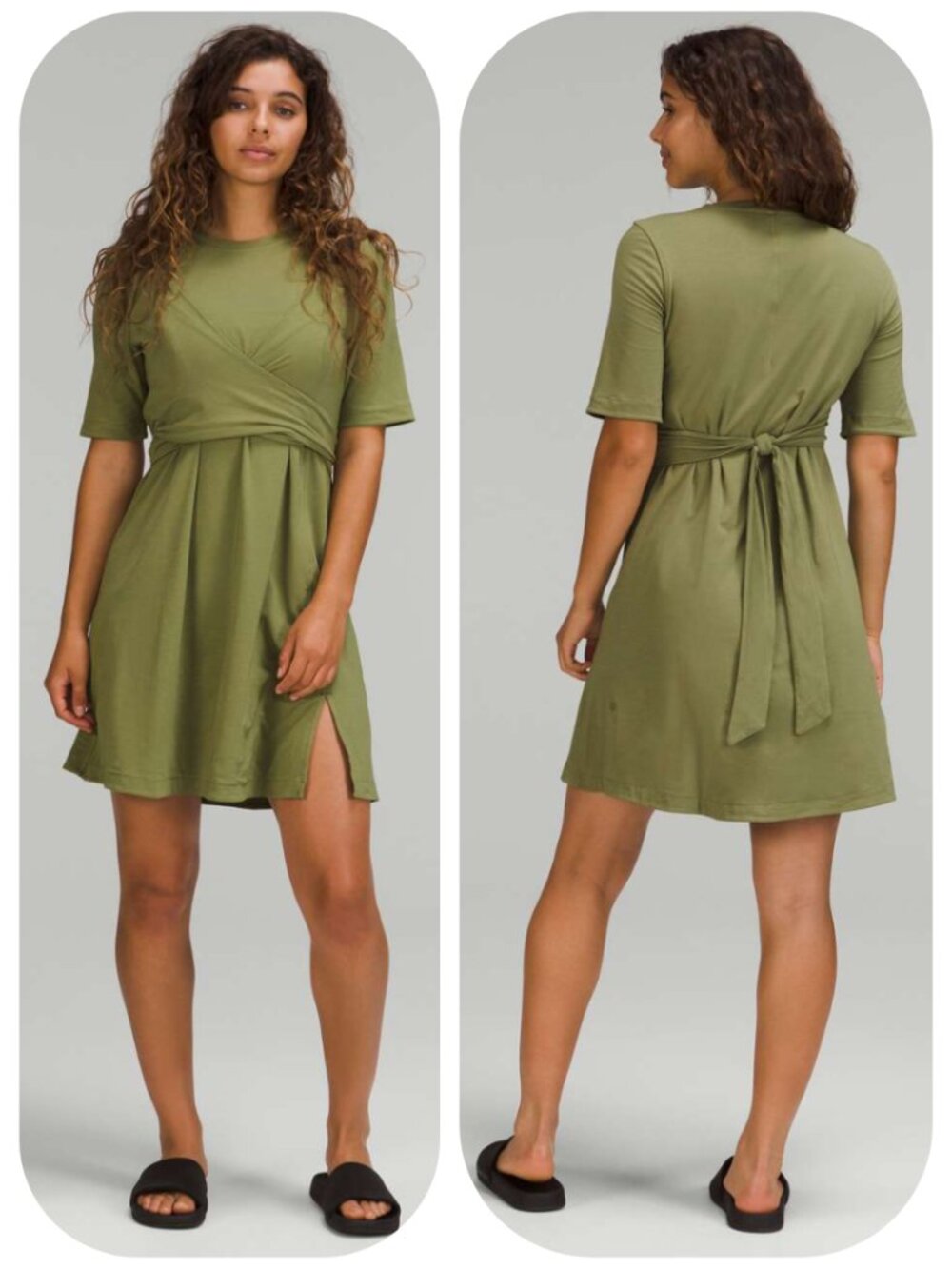 Lululemon Size 10 Cotton Wrap-Front T-Shirt Dress, Bronze Green, Pima cotton